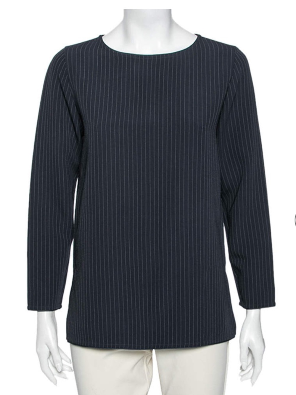 Max Mara Womens Round Neck Pinstripe Navy Blue Blouse/White Sz 8